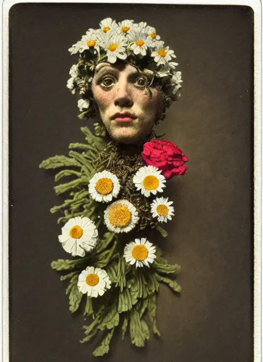 Image similar to beautiful and detailed rotten male made of plants and many types of stylized flowers like carnation, daisy, chrysanthemum, anemone, roses and tulips, intricate, surreal, john constable, gustave courbet, caravaggio, romero ressendi, bruno walpoth 1 9 1 0 polaroid photo