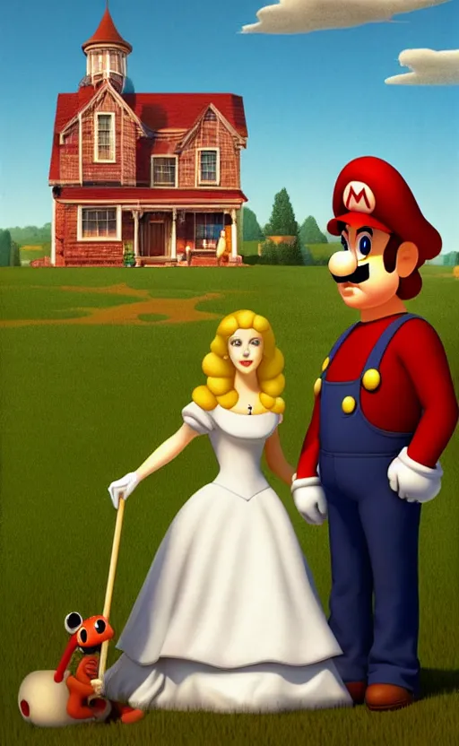 Image similar to Princess Peach and Mario as American Gothic by Grant Wood in the style of Super Mario 64, high quality render