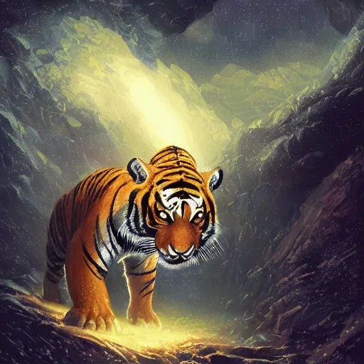 Image similar to out in the dark, among the stars, the tiger is dead by barclay shaw, andreas rochas, dan mumford craig mullins., intricate details, illustration, dynamic lighting, unreal engine, featured on artstation, soft glow