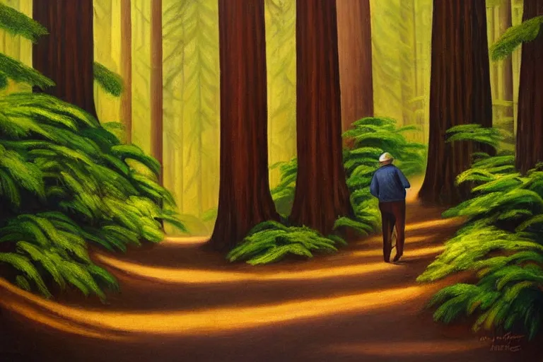 Prompt: a stunning wpa style painting of a man walking down a mysterious path in a redwood forest, award winning art, banana slug