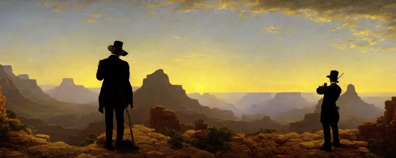 Image similar to romantic painting, wide shot of a lone gentleman in 1 9 th century clothing ( looking at his cellphone )!!!!!! in front of a the grand canyon at sunrise, highly detailed, sublime, hyperrealistic, painted by caspar david friedrich and albert bierstadt, trending on artstation 8 k