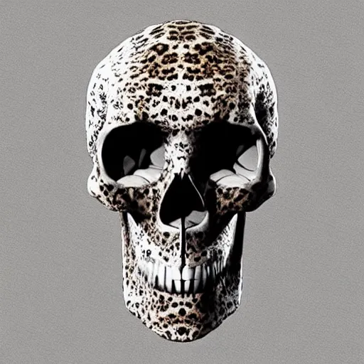 Prompt: Skull that look too much like skull!, I have likened evolution to a search through a very large space of possible organism characteristics, an 8k CG character rendering of a spider-like hunting female on its back, fangs extended, wearing a leopard-patterned dress, set against a white background, with textured hair and skin.