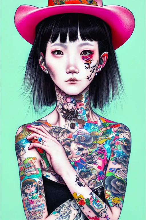 Prompt: full view of girl from taipei with tattoos, wearing a cowboy hat, style of yoshii chie and hikari shimoda and martine johanna, highly detailed