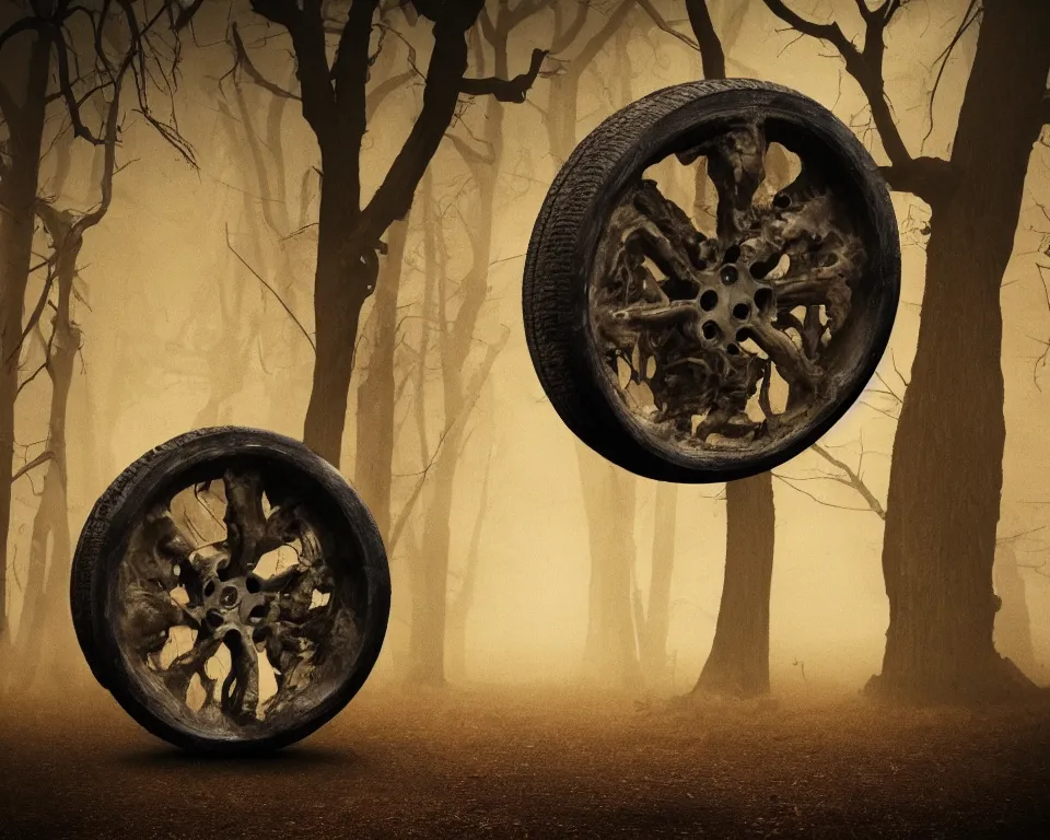 Prompt: a horror movie poster featuring a tire in a smokey desert