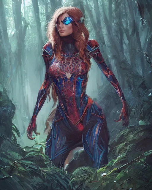 Image similar to a beautiful spiderwoman wearing a magical armor posing in a magical forest, hyper realistic face, fantasy art, in the style of greg rutkowski, illustration, epic, fantasy, intricate, hyper detailed, artstation, concept art, smooth, sharp focus