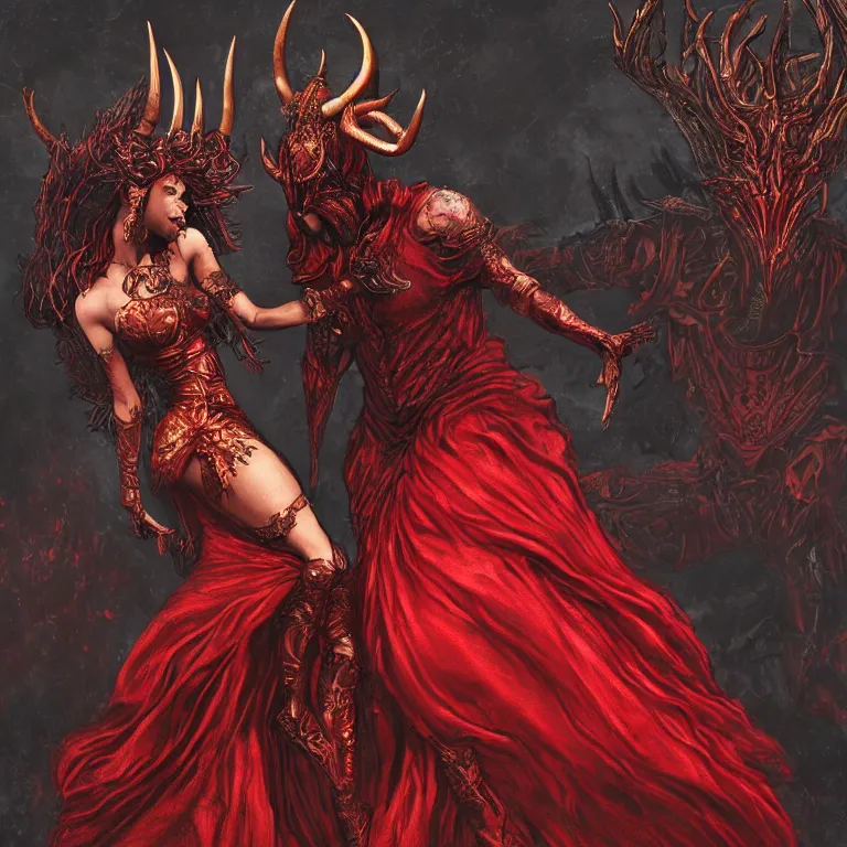 Image similar to black man and a woman-devil in red dress with horns are dancing together, in Dark souls and elden ring style, insanely detailed and intricate, golden ratio, hypermaximalist, elegant, ornate, luxury, elite, ominous, haunting, matte painting, cinematic, cgsociety, James jean, Brian froud, ross tran, Laputa