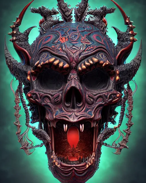 Prompt: 3 d ornate carved dracula with tattoos profile portrait, sigma 5 0 0 mm f / 5. beautiful intricate highly detailed quetzalcoatl skull. bioluminescent, plasma, lava, ice, water, wind, creature, thunderstorm! artwork by tooth wu and wlop and beeple and greg rutkowski, 8 k trending on artstation