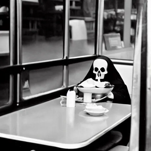 Image similar to A photo of the Grim Reaper enjoying pancakes in a 1950s diner, award-winning photography, by Saul Leiter