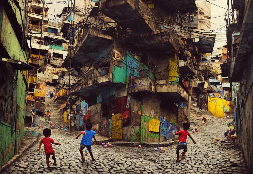 Image similar to photorealistic favela rocinha rio de janeiro with precise rendered alleys with intricate details of gun happy people in alley close view of kid playing with colorful ball and flying kit by Justin Gerard