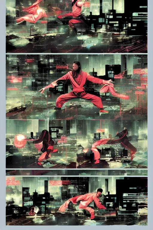 Image similar to Cybernetic Taoist martial-artist practicing qi-gong, chi-gong, kung-fu upon a city rooftop dojo with bonsai trees decorating the place. Dynamic, delirious, creative panel style by Bill Sienkiewicz. Heavy chromatic abberation. Visual distortion. Sci-Fi cyberpunk Comic page made up of art by the best artists Trending on Artstation. Octane render, Raytracing, 3d masterpiece, fantastic lighting by James Gurney. Noir detective genre.