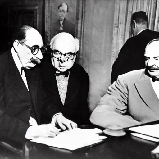 Prompt: groucho marx with winston churchill and stalin sitting at the yalta conference, photograph from 1 9 4 5