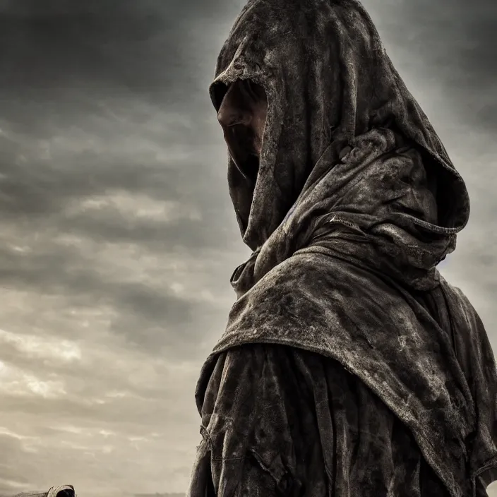 Prompt: hooded apocalyptic man standing in wasteland, hyper - detailed, smooth, sharp focus, 4 k ultra hd, fantasy dark art, apocalyptic art