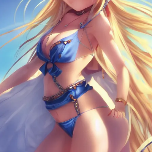 Image similar to a very beautiful mature yuuki asuna, full body, long wavy blond hair, sky blue eyes, full round face, bikini, miniskirt, front view, mid - shot, highly detailed, cinematic wallpaper by stanley artgerm lau