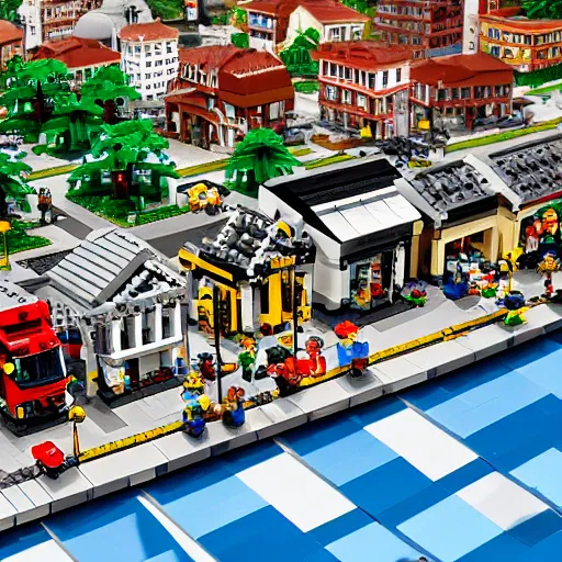 Prompt: a photograph of a lego village, hyperrealism, photo realistic
