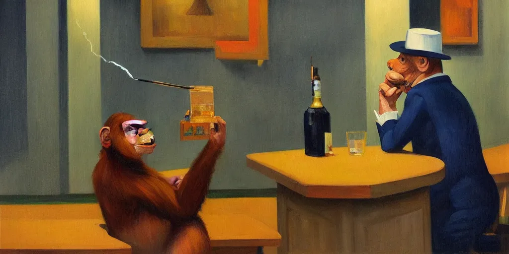 Image similar to Painting in the style of Edward Hopper featuring a chimp sitting at a bar, wearing a suit and a hat, smoking a cigar and drinking whisky. Rainy weather