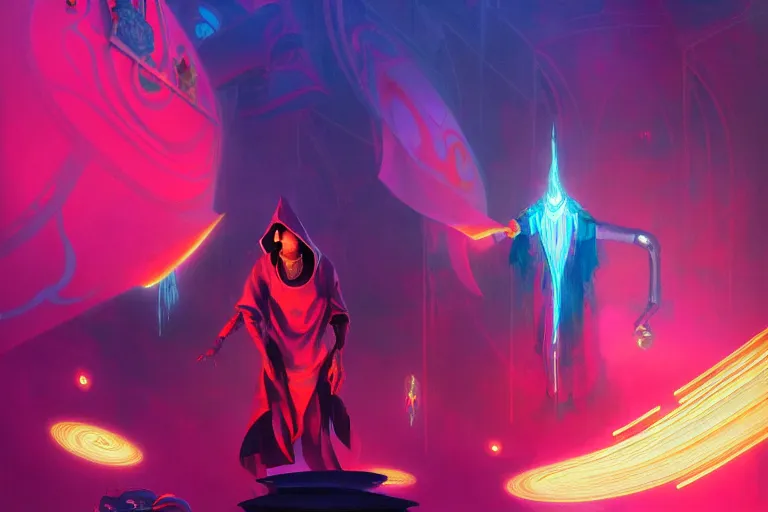 Image similar to a beautiful masterpiece painting of a technomancer wizard in robes with pointed hood battling his synthesized AI djinn in his laboratory near a computer by Remedios Varo and Anato Finnstark and Greg Rutkowski, dayglo pink, dayglo blue, dazzle camouflage, 8k, trending on ArtStation