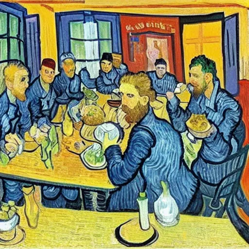 Image similar to a group of friends having lunch, van Gogh style