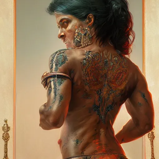 Image similar to portrait painting of a muscular bloodied indian middle aged woman lower back, ultra realistic, concept art, intricate details, eerie, highly detailed, photorealistic, octane render, 8 k, unreal engine. art by artgerm and greg rutkowski and alphonse mucha