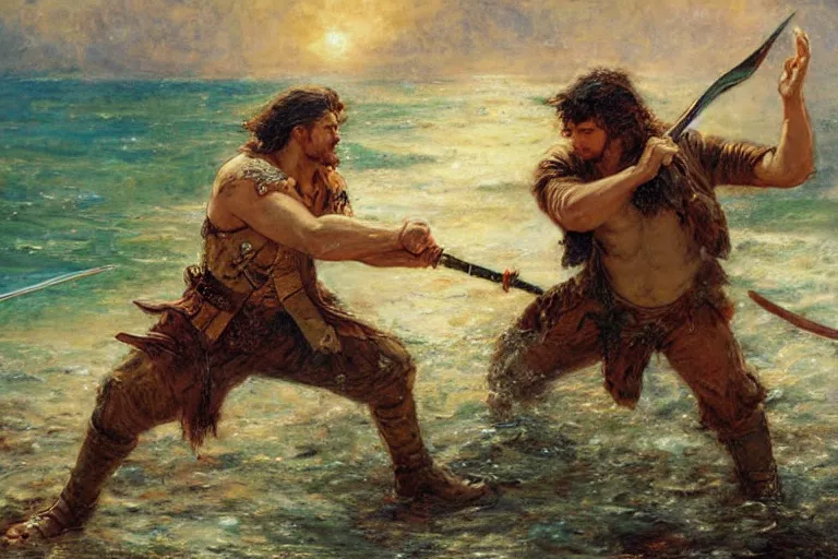 Prompt: action still of a shipwrecked man fighting a pirate with a sword. art by gaston bussiere.