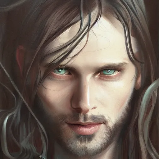 Prompt: a painting of a man with long hair, a digital painting by Nína Tryggvadóttir, featured on cgsociety, fantasy art, apocalypse art, detailed painting, dystopian art