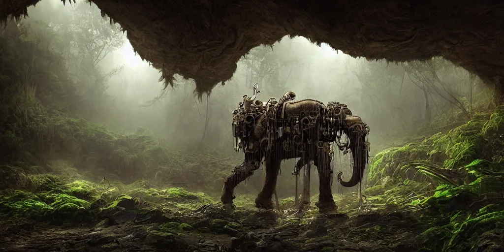 Prompt: magnificent mechanical steampunk mammoth looking eerily into a cave entrance with lush vegetation and mystical (((glowing algae))) in the sunset, desaturated, creepy ambiance, dangerous, sharp focus, highly detailed, artgerm