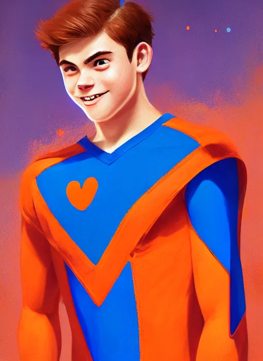 Image similar to friendly teenage archie andrews wearing an orange superhero costume with heart logo, heart, freckles, blue cape, heart emblem on chest, blue cape, intricate, elegant, glowing lights, highly detailed, digital painting, artstation, sharp focus, illustration, art by wlop, mars ravelo and greg rutkowski