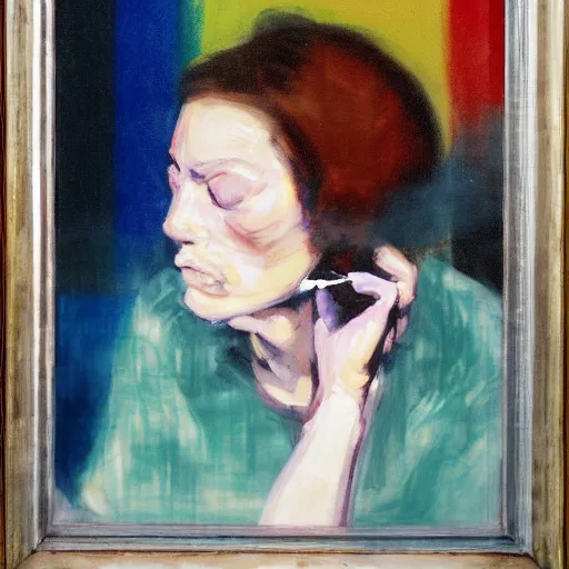 Prompt: overpainted portrait of a tired woman smoking a cigarette in a diner by gerhard richter