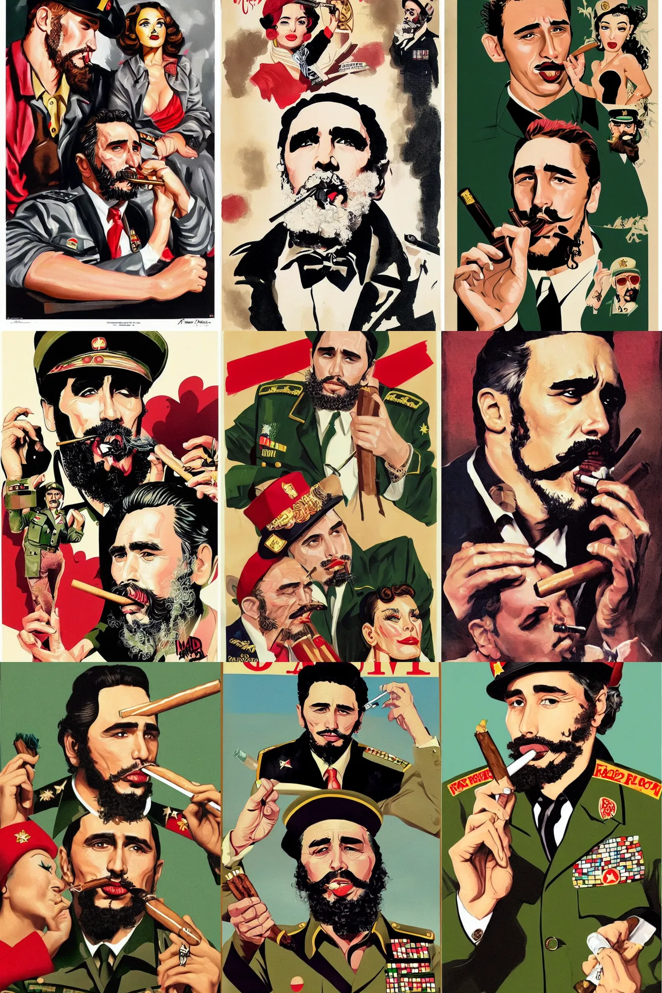 Prompt: a glamourous portrait of james franco as the cuban dictator fidel castro smoking a large cigar, surrounded by beautiful women wearing haute couture military uniforms. lowbrow pop surrealism aesthetic, mad magazine illustration, tom richmond illustration, mort drucker illustration