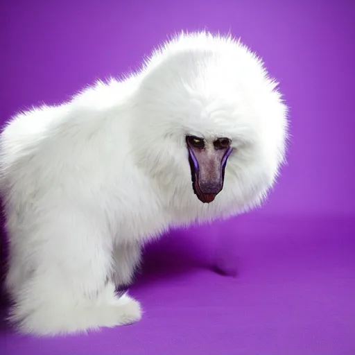 Image similar to A photo of a white fur monster standing in a purple room