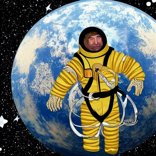 Prompt: neanderthal in a space suit floating in space, stars glittering in background