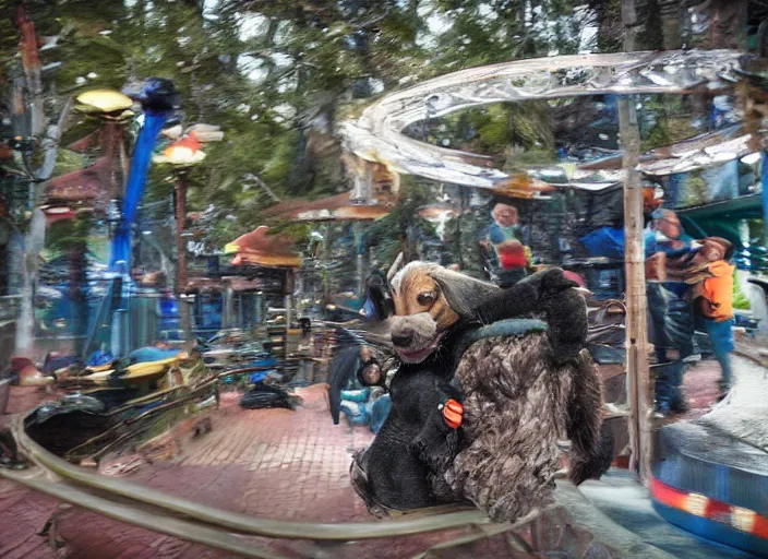 Image similar to film still of a dog riding a roller coaster in disneyland paris, 8 k