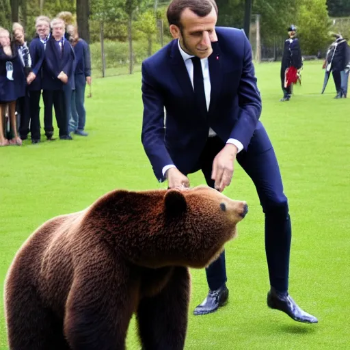 Prompt: emmanuel macron rinding a bear