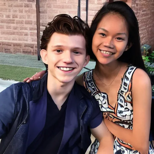 Image similar to Tom Holland with his arm around a Filipina college girl at Chapman University