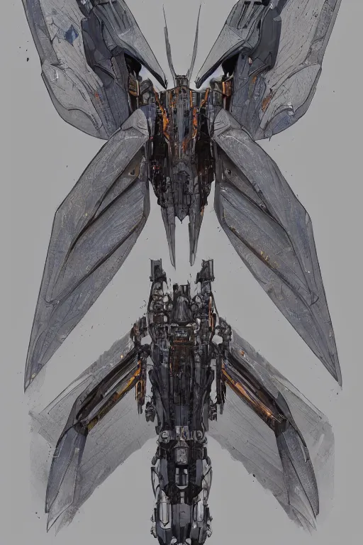 Prompt: very symmetrical!! full body illustrations of mecha, pen and ink, moderately detailed, by james gurney, by greg rutkowski, concept art, moth wing, bird feathers, spread wing, artstation, deviantart, pinterest, unreal engine