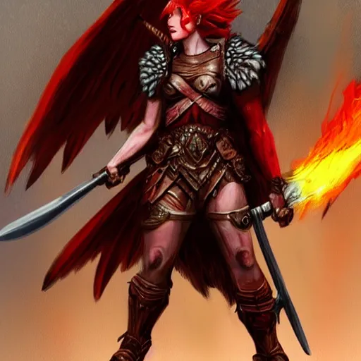 Image similar to a battle ready red haired valkyrie with gargoyle wings and a fiery sword, fantasy concept art