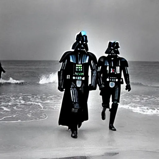 Image similar to a world war 2 award winning photo of darth vader storming the beach