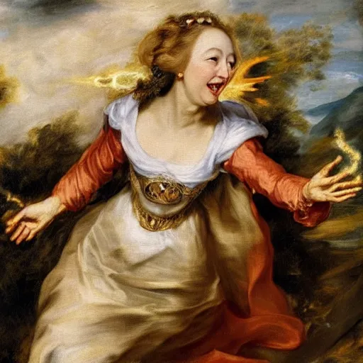 Image similar to female portrait, Theresa May as a smiling hapa sorceress chasing will-o-wisps casting a fireball in a garden, detailed painting by Anthony Van Dyck