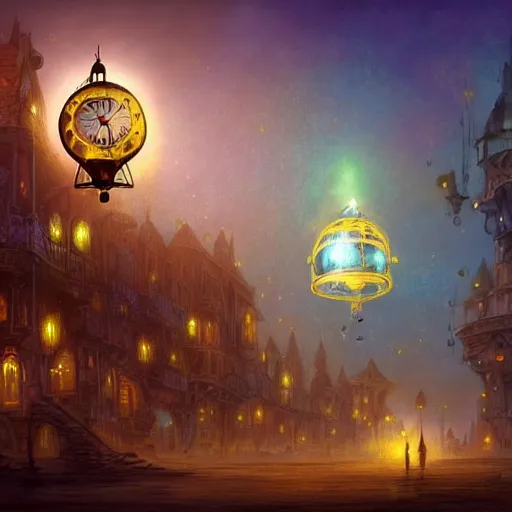 Image similar to a beautiful stunning fantasy whimsical matte digital illustration of a scene of a steampunk hot - air balloon over a lit steampunk!! city at night by marc simonetti, pastel color palette, disney magic the gathering steampunk!!!, chiaroscuro magical! bokeh moon stars dramatic romantic! epic breathtaking, clock tower,, trending on artstation hq, masterpiece