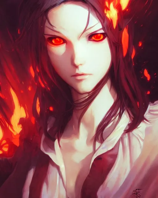 Image similar to red eyed beautiful anime girl, flames everywhere, highly detailed, digital painting, artstation, concept art, smooth, sharp focus, illustration, art by artgerm and greg rutkowski and alphonse mucha