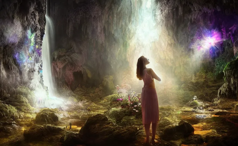 Prompt: a beautiful and stunning professional digital artwork of women worshipping god in cave, haze, spores floating in the air, waterfall, volumetric lighting, hyperrealistic, rtx on, ultra detail