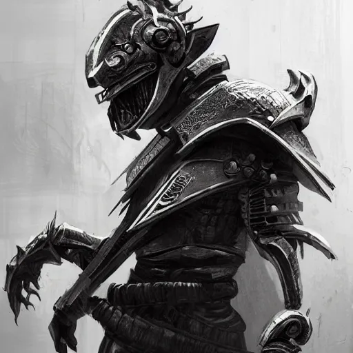 Image similar to futuristic Cyberpunk Dragonborn Samurai, Utra Realistic, concept art, visual development, Clean lines, Higly detailed design, cinematic lighting, excellent composition