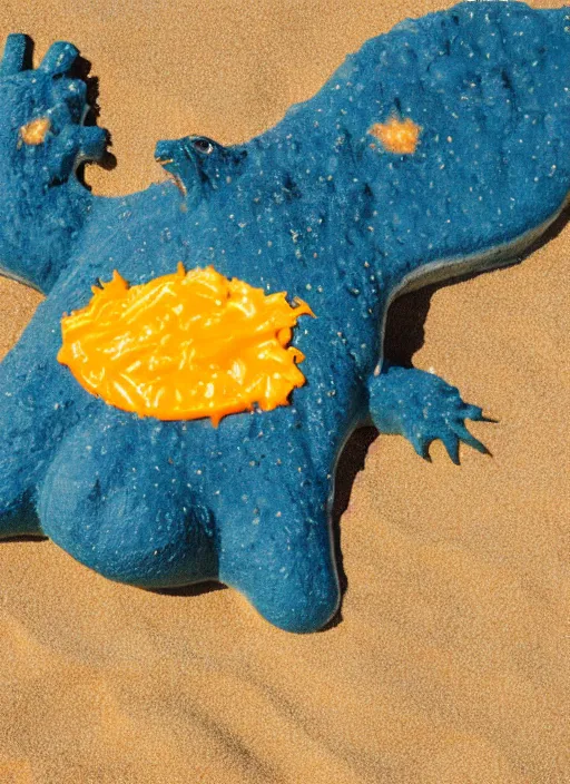 Image similar to godzilla as cheese on the sand of a beach