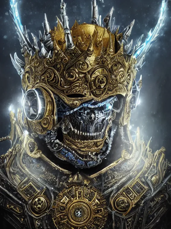 Image similar to portrait art of 8k ultra realistic lich king, detailed ornate gold crown , detailed intricate ornate armour,blade runner, cybernetic, full of colour, cinematic lighting, trending on artstation, 4k, hyperrealistic, focused, extreme details,unreal engine 5, cinematic, masterpiece, art by ayami kojima, giger