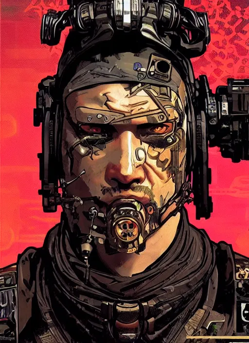 Prompt: cyberpunk blackops samurai. night vision. portrait by ashley wood and alphonse mucha and laurie greasley and josan gonzalez and james gurney. spliner cell, apex legends, rb 6 s, hl 2, d & d, cyberpunk 2 0 7 7. realistic face. dystopian setting.