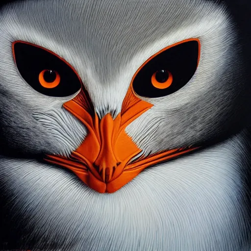 Image similar to painting of hybrid black crowned night heron with cat ears, with orange black and white fur, intercrossed animal, mixture animal, by zdzislaw beksinski, by tiffany bozic, by chris buzelli, cute animal