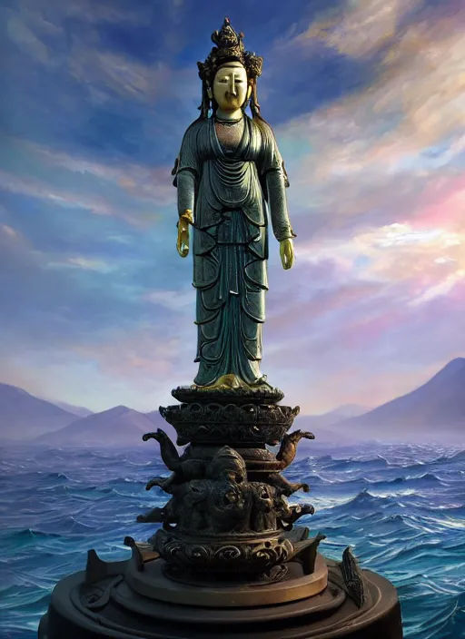 Image similar to guanyin stand on big loutus, a godness of the southern seas, a realistic setting with muted colors, visual novel cover, by yoshitaka amano, zeng fanzhi, jane hamilton, tiffany studios, sunrays shine uponit, frostbite 3 engine, cryengine, dof, trending on artstation, digital art, fantasy detailed background