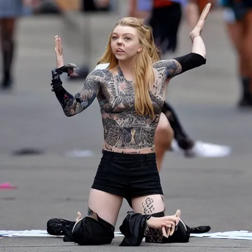Image similar to natalie dormer with tattoos wearing miniskirt and fox - tail doing a handstand, sweaty, full - body