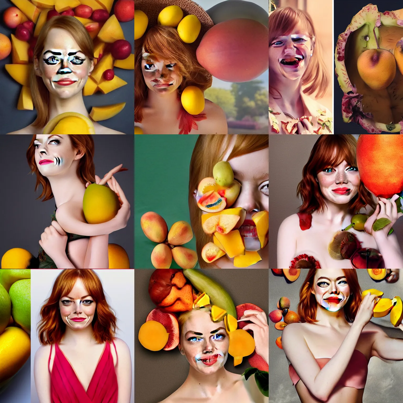 Prompt: emma stone, with a mango fruit instead of her body, full shot photo, photoshopped, ripe fruit, giuseppe arcimboldo