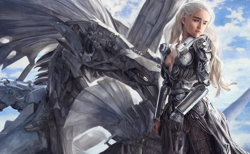 Image similar to mechanized valkyrie of daenerys targaryen from game of thrones, anime style, konami mecha, spread wings, hair down, symmetrical facial features, from arknights, hyper realistic, 4 k, rule of thirds, extreme detail, detailed drawing, trending artstation, hd, d & d, realistic lighting, by alphonse mucha, greg rutkowski