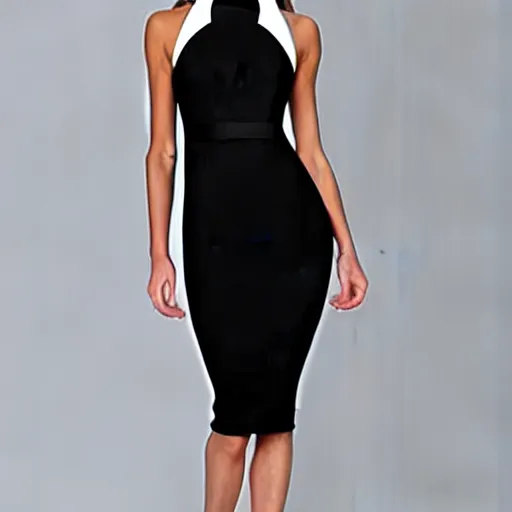 Prompt: thigh length dress, mostly black with white trim, cross halter neckline